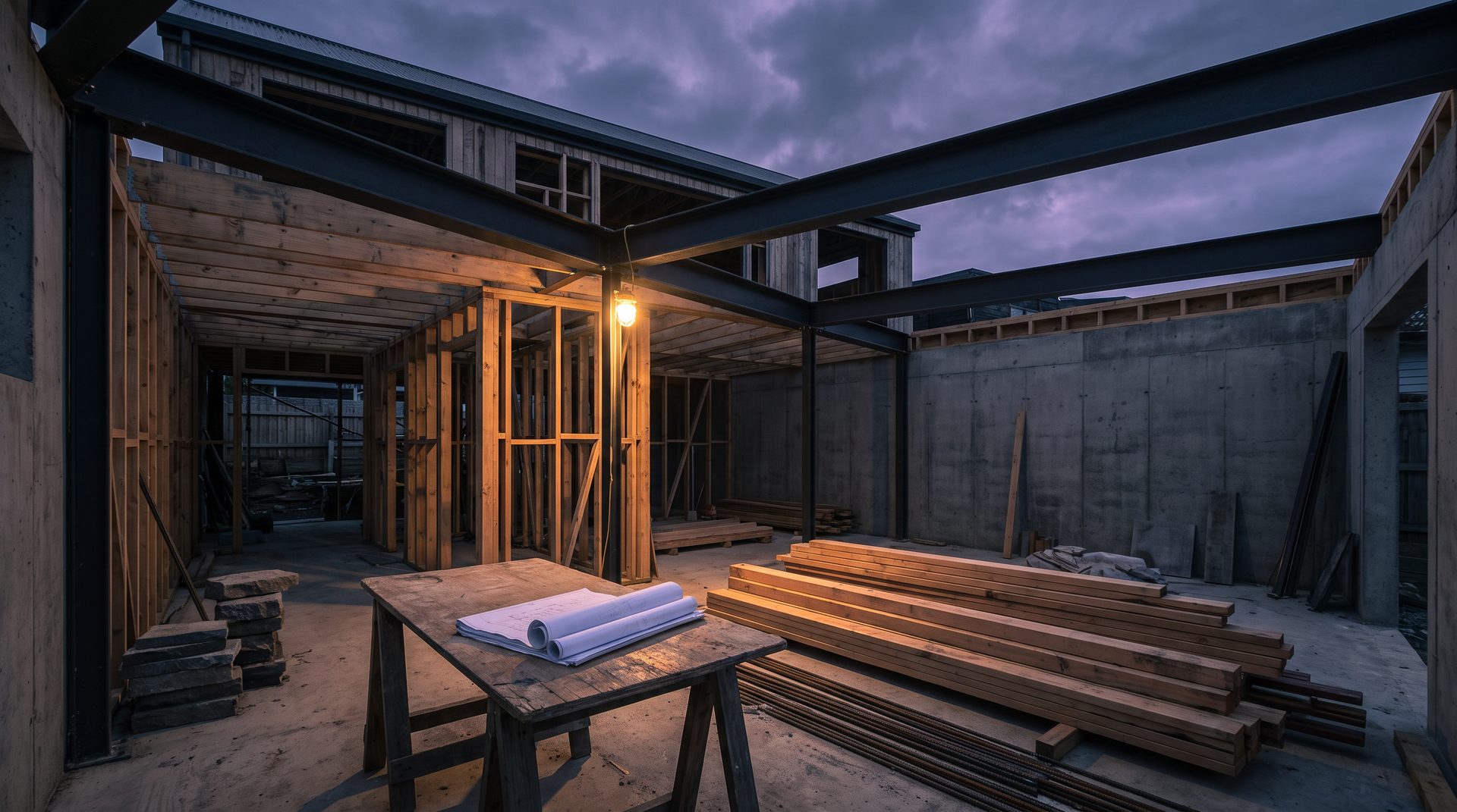Home renovation framing under construction at dusk