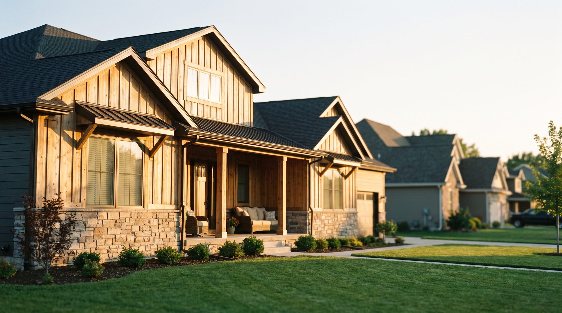 Warmly lit single-family home at golden hour